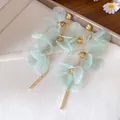 Light blue mesh flower drop earrings with elegant gold chains and bars for women - Silver Post Flower Long Style / Gold-Green