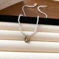 French vintage artificial pearl necklace featuring a delicate green and red pomegranate pendant - Watermelon Enamel Pearl (94#)