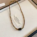 Vintage brown tiger eye stone necklace with black centerpiece in elegant French style - Rectangle Black Bead Decor (10#) / Gold & Brown Rectangle