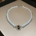 French style vintage necklace featuring double layers of white pearls and sparkling rhinestones - Double Layer Rhinestone Black Enamel (103#)