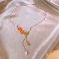 French vintage gold necklace with orange enamel flowers and white teardrop pearls - Orange Flower Green Bird Teardrop (107#)