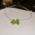 Vintage faux pearl necklace with a green crystal flower pendant, French style jewelry - Green Transparent Crystal Leaf (108#)