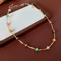 Elegant French vintage gold wavy chain necklace with multicolored round faux pearls - Wavy Multicolor Pearl Chain (118#)