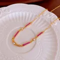 Vintage gold necklace with elegant purple enamel accents and small faux pearls detail - Purple Red Enamel Geometric (128#)