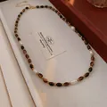 Elegant vintage tiger eye stone and white pearl beaded necklace with gold spacer beads - Pearl Tiger Eye Beading (57#) / Gold Brown