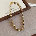 Vintage tiger eye and champagne pearl necklace with elegant brown tones for women - Large Clasp Tiger Eye Pearl Chain (43#) / Gold Brown