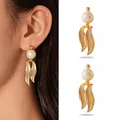 Elegant gold stainless steel stud earrings featuring pearls and textured leaf drops. - Pearl Leaf Style (2#)