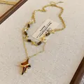 Vintage French gold-plated double-layered necklace with tiger eye stones and stars - Star Pendant Double Layer Sweater Chain (36#) / Gold Brown