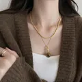 Elegant vintage gold layered necklace featuring a round tiger eye stone pendant for women - Twisted Rope Layered Pendant Chain (38#) / Gold Brown
