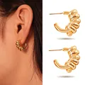 Detailed view of gold plated twisted knot chunky hoop earrings worn by a model - Twisted Rope Knot Style (15#)