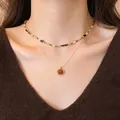 Elegant vintage brown tiger eye stone layered necklace set with round gold pendant - Natural Stone Layered Double Chain (37#) / Gold-Coffee-Orange Red
