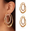 Detailed view of oversized gold wavy earrings with rhinestone inner hoop for women. - Double Ring Pave Rhinestone Style (17#)