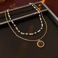 Double-layered vintage tiger eye stone necklace with gold rope chain and beaded strand - Twist Layered Round Pendant (47#) / Gold Brown