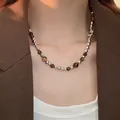 Vintage French style necklace with brown tiger eye beads and silver accents - Silver Bead Tiger Eye Necklace (49#) / Silver-Coffee