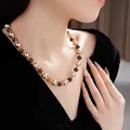 Elegant retro necklace featuring round brown tiger eye stones and champagne luster pearls - Pearl Tiger Eye Layered Sweater Chain (55#) / Gold Brown