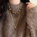 Elegant French vintage tiger eye beaded necklace set with gold layered sweater chain - Wire Wrapped Bead Double Layer Chain (53#) / Gold Brown