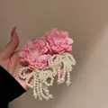 Detailed macro shot of pink fabric flower earrings with elegant pearl bow tassels - Pearl Tassel Flower Style (2#)