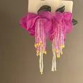 Detail shot of pink fabric flower earrings with beaded tassels on white card. - Dangle Tassel Flower Style (4#)
