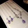 Detailed view of luxury waterdrop crystal necklace and earring set with rhinestones - Necklace and Earring Set / Silver Purple