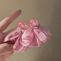 Close-up of pink heart stud earrings with delicate silk fabric flower petals. - Romantic Heart Flower Style (8#)