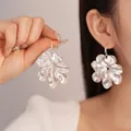 Elegant oversized silver stainless steel flower earrings with metallic texture for women - Large Silver Floral Style (52#)