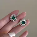 Elegant vintage square emerald green crystal stud earrings with clear zircon surrounding - Square Stud Earrings (16#)