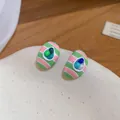 Colorful dopamine geometric stud earrings with pink and green striped design for women - Blue Multi-Color (Oval)