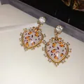 Orecchini vintage a forma di cuore con stampa leopardata e accenti di cristallo - 32# Perno per Orecchini in Argento-Oro-Bianco