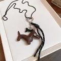 Retro brown leather dachshund pendant with black bone charm on black ball chain - 16# Necklace-Black Coffee