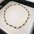 Retro Maillard style tiger eye and pearl necklace with golden stainless steel beads - Gold, White and Brown (16)