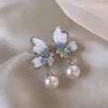 Exquisite butterfly drop earrings with shimmering crystals and elegant white pearls - 20# Silver-Blue
