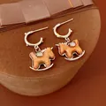 Elegant 18k silver hoop earrings with wooden texture rocking horse and zircon accents - 46# Pearl Wood Grain Horse Style (HE28716) / Silver / Pearl