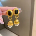 Elegant vintage French court style earrings with black stones and pearls on gold frames - Geometric Pearl Style (27#)