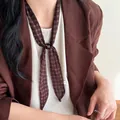 Vintage brown plaid fabric scarf necklace with elegant round buckle for women - Dark Red