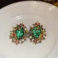French court style vintage earrings with emerald green cracked stones and pearls on white plate - Green Pearl Style (11#)