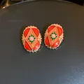 Vintage French court style geometric stud earrings with red enamel and pearl accents - Geometric Pearl Style (19#)