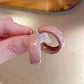 Detailed close-up showing the glossy pink enamel finish and retro C-shape hoop earring design - Vintage Enamel Hoop (HE20269) / Coffee