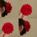 Handmade red fabric rose flower hair clip elegant shark clip for women hair accessories - Hair Claw (93) / Red