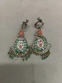 Vintage bohemian style drop clip-on earrings with orange resin gems and colorful bead tassels - Clip-on Earrings / Bronze Gold-Orange Green