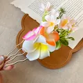 Macro detail of tropical plumeria flower hair pin with gold metal fork - Hair Stick White-Pink-Orange (Single) / White-Pink-Orange