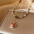 Maillard style double-layered necklace with oval faux tiger eye stone pendant - 9# Necklace - Gold - Coffee - Orange Red - Gold Plated