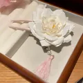 Handcrafted elegant white fabric flower hair fork with pink tassel and pearl accents - Hair Stick (85) / White