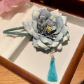 Elegant fabric flower hair pin with blue gradient petals and tassel detail - Hair Stick (86) / Green