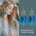 Bohemian ethnic style blue feather ear hook earrings with seed bead tassels SKU - Dark Blue Feather Pendant (HE20859-1)