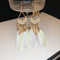 Bohemian ethnic style drop earrings featuring white feather tassels and gold beads - 6# Gold-Light Yellow Feather Hook Style