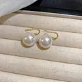 Elegant gold-plated hook earrings with large round white pearls in vintage style. - 8# Earring Hook - Gold - White Pearl - 14mm