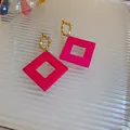 Stylish hot pink geometric square hollow drop earrings with irregular hammered gold studs - Diamond