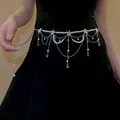 Elegant pearl waist chain with flower links and crystal tassels on a black dress. - Pearl Multi Layer Fringe Flower Style (15#)
