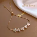 Elegant gold alloy adjustable box chain bracelet with sparkling zircon flower charms - 31# Style Gold Floral (Alloy Style)