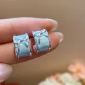 Macro view of light blue enamel C-shaped hoop earrings with silver bow details - Bow C-Shape Style / Blue